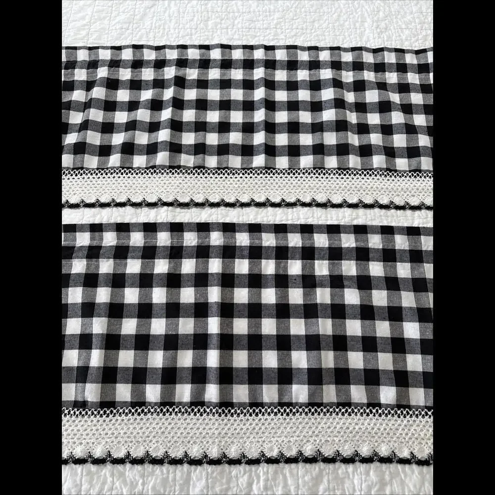 2 Buffalo Plaid Kitchen Curtains Valance Black White Check Crochet Trim 15x58”